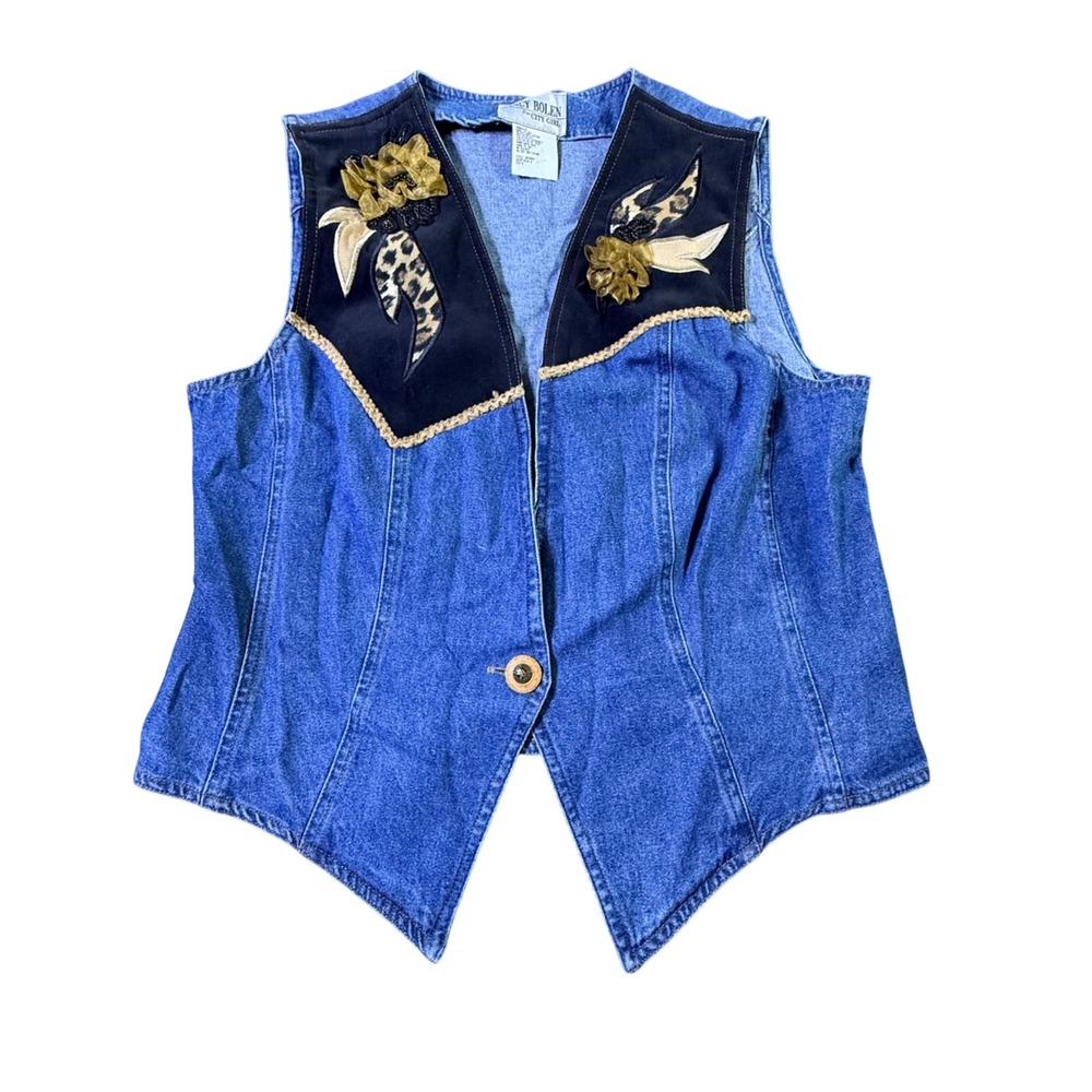 Vintage Denim Vest City Girl Blue Leopard Floral Applique Womens Size 8